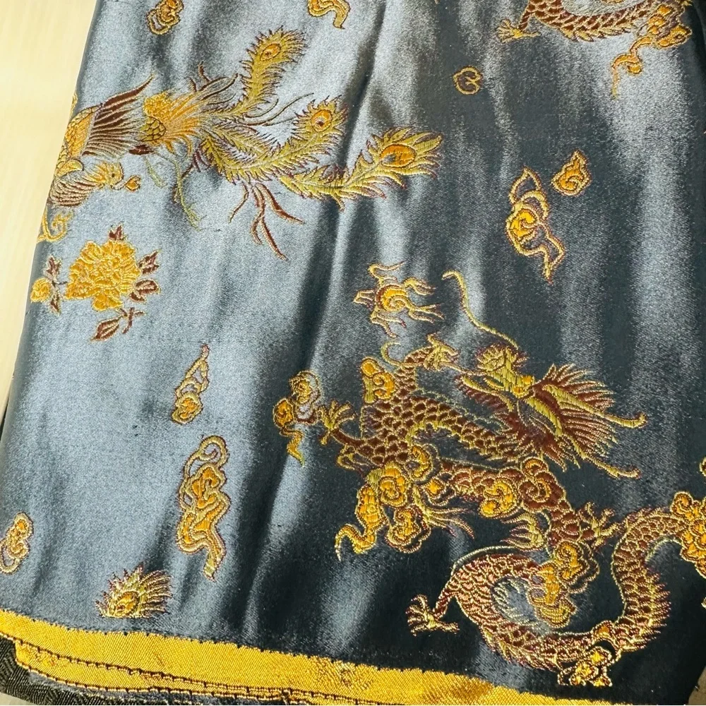 Asian Silk Brocade Dragon Phoenix Table Runner 10.5 Ft Blue‎ Gold Extra Long EUC